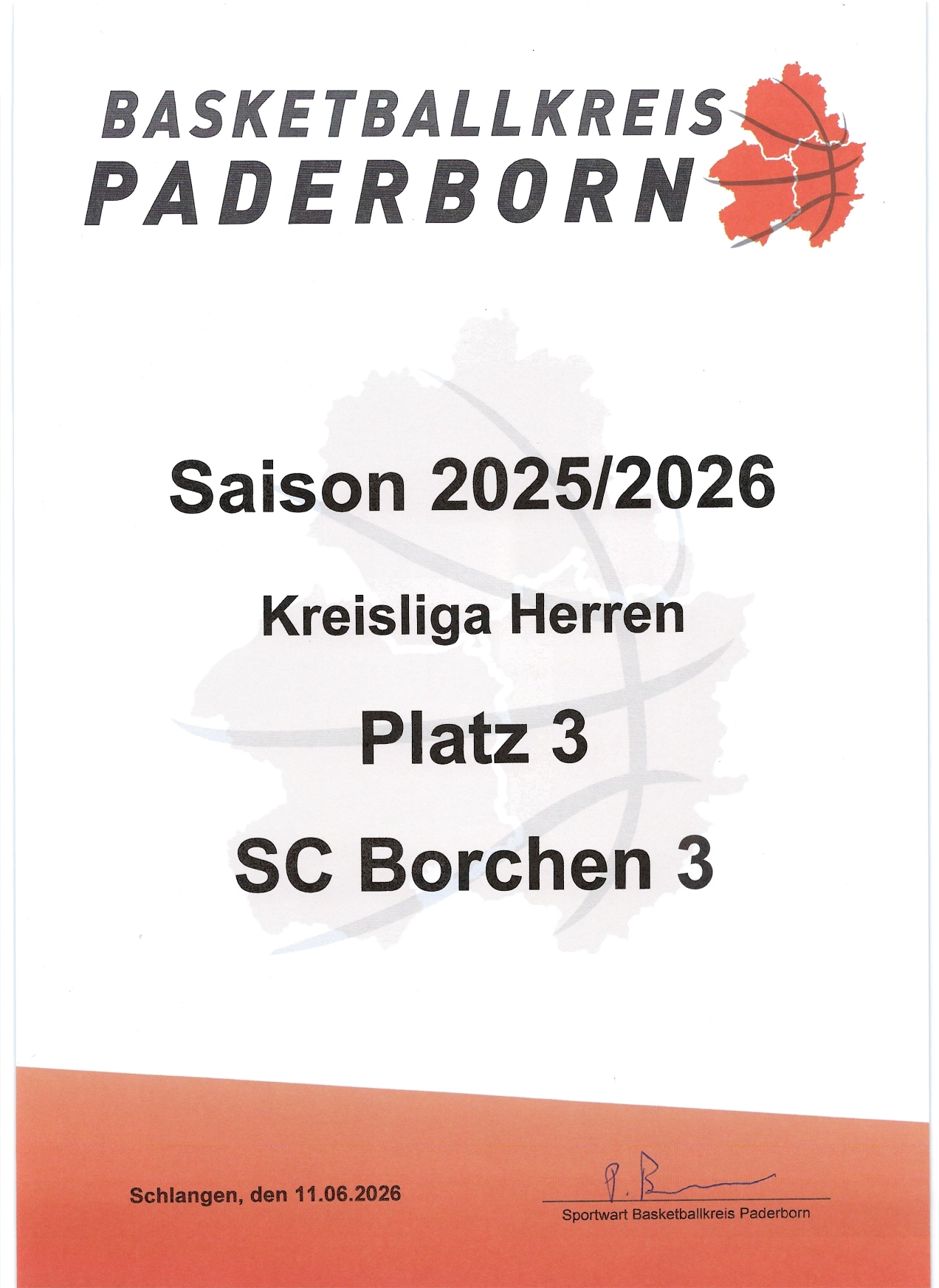 Urkunde des Basketballkreis Paderborn für den 3. Platz der 3. Herren Mannschaft des SC Borchen 3 der Saison 2025/2026