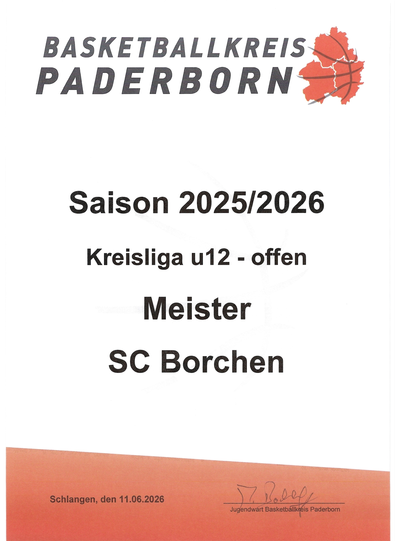 Urkunde des Basketballkreis Paderborn für die Meisterschaft der U12 Mannschaft des SC Borchen der Saison 2025/2026
