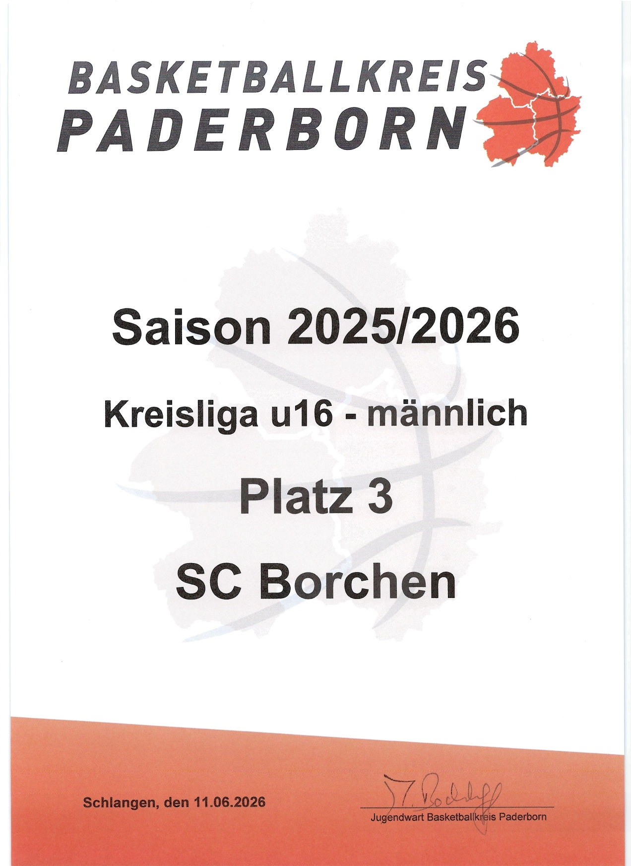 Urkunde des Basketballkreis Paderborn für den 3. Platz der U16 Mannschaft des SC Borchen der Saison 2025/2026
